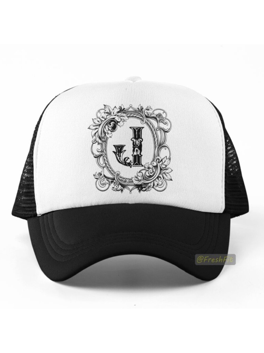🆕Letter J Ornate Initial Foam Trucker Hat Mesh Snapback Cap Black/White